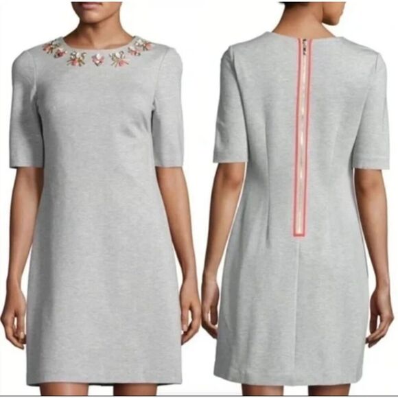 Eliza J Heather Gray Jersey Knit Short Sleeve Chunky Jewel Neck Shift Dress, 2 - Picture 1 of 7